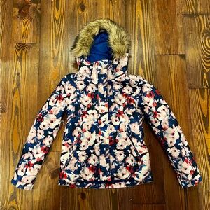 Roxy Floral Ski Jacket with Faux Fur Hood